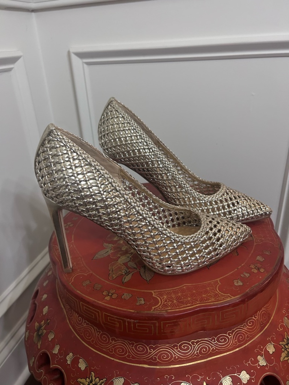 Nine West ‘Tatiana’ Metallic Woven Gold Pointed-Toe Heels